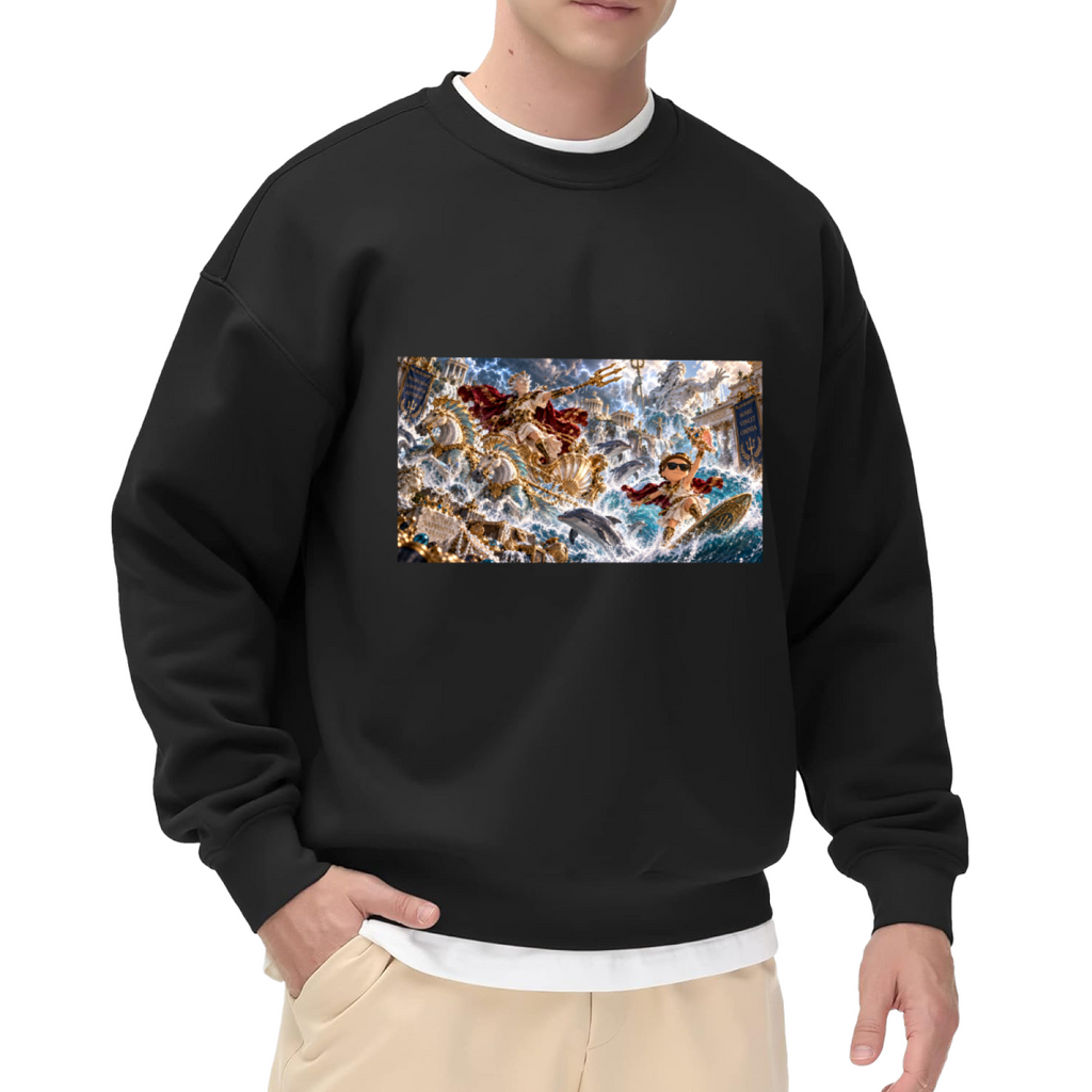 Front-facing model wearing a men's crewneck sweatshirt decorated with a trident-bearing figure amid a turbulent panoramic ocean battle