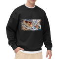 Front-facing model wearing a men's crewneck sweatshirt decorated with a trident-bearing figure amid a turbulent panoramic ocean battle