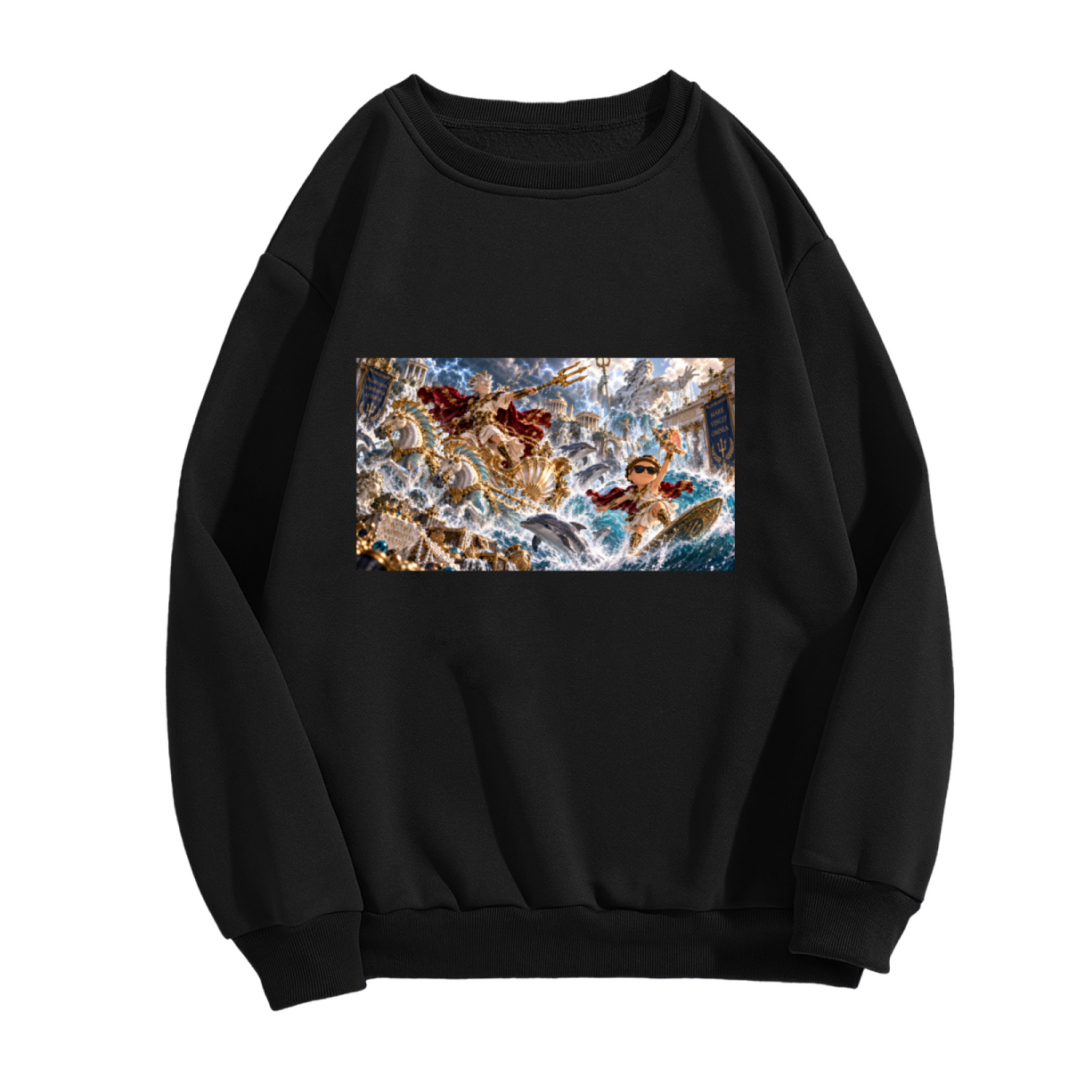 A trident-bearing figure amid a turbulent panoramic ocean battle shown on the front of a men's crewneck sweatshirt in a standalone product shot