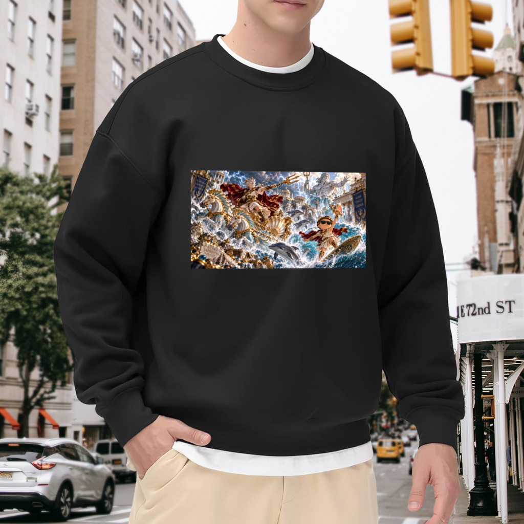 Outdoor photograph of a model in a men's crewneck sweatshirt bearing a trident-bearing figure amid a turbulent panoramic ocean battle