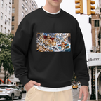Outdoor photograph of a model in a men's crewneck sweatshirt bearing a trident-bearing figure amid a turbulent panoramic ocean battle