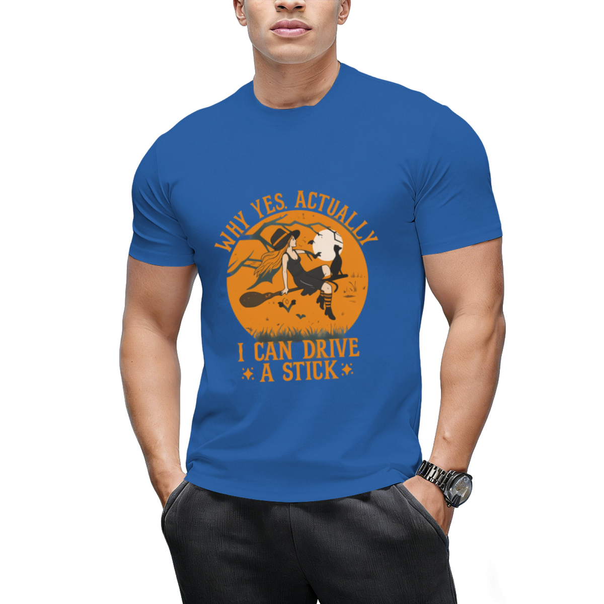 Why Yes Actually I Can Drive a Stick Witch Cat Halloween Graphic T-Shirt