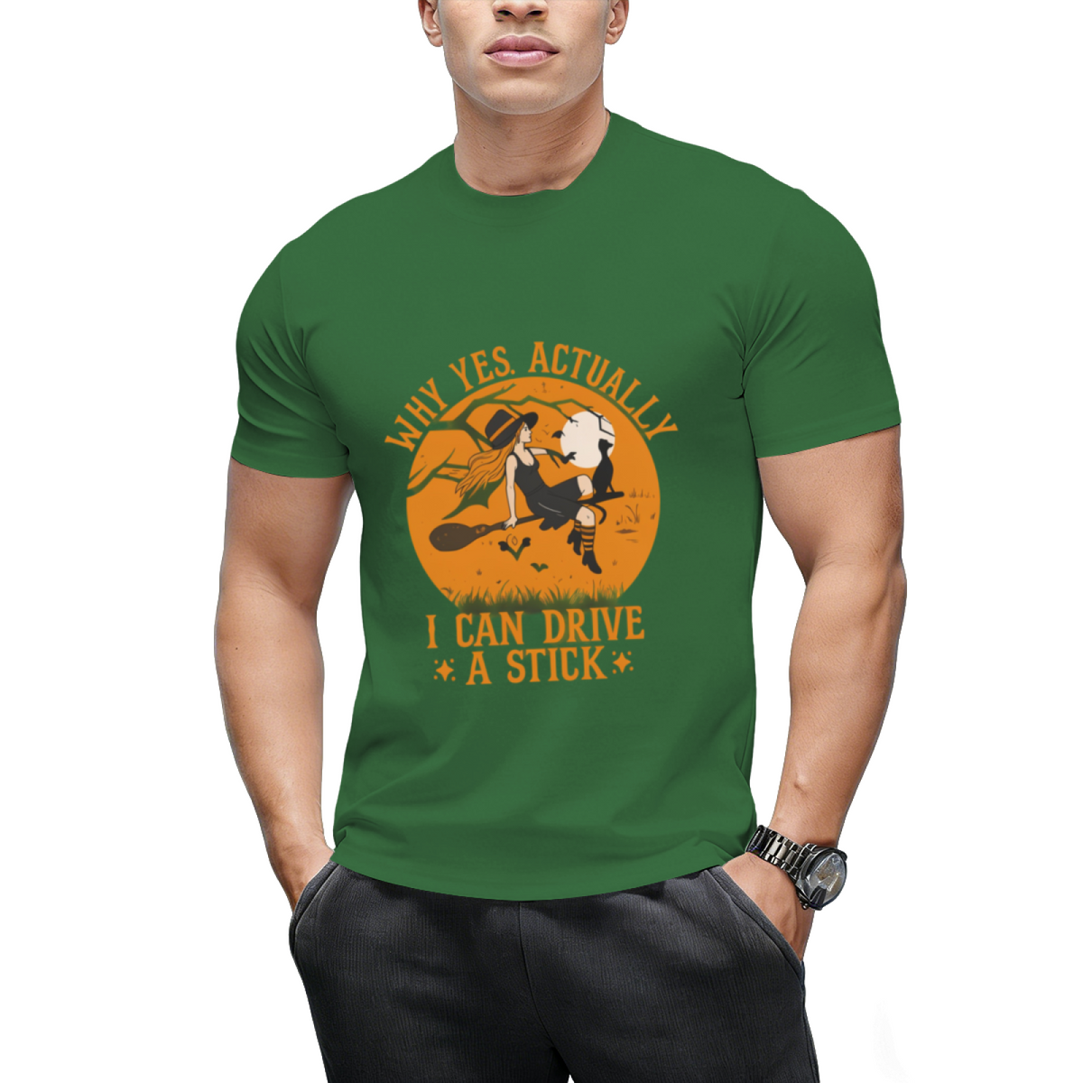 Why Yes Actually I Can Drive a Stick Witch Cat Halloween Graphic T-Shirt