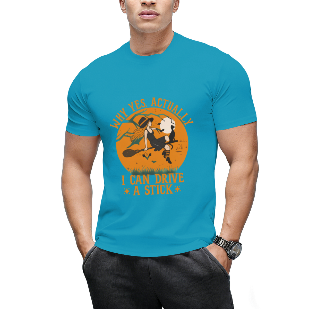 Why Yes Actually I Can Drive a Stick Witch Cat Halloween Graphic T-Shirt