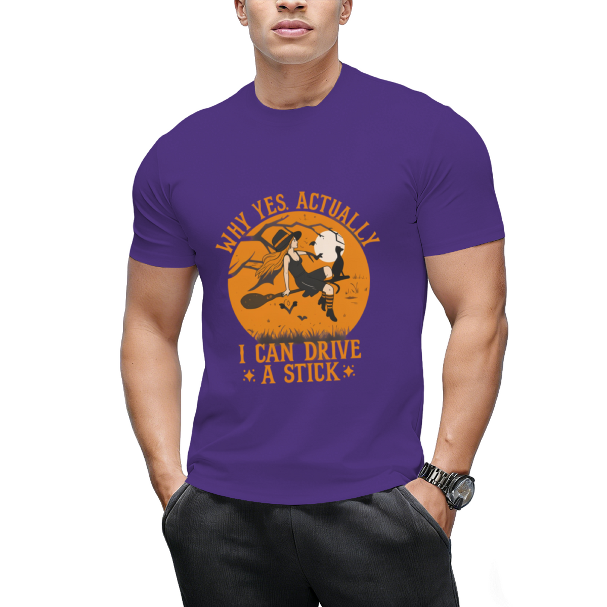 Why Yes Actually I Can Drive a Stick Witch Cat Halloween Graphic T-Shirt