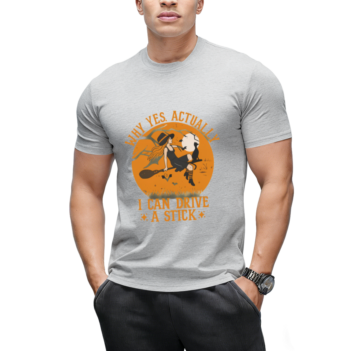 Why Yes Actually I Can Drive a Stick Witch Cat Halloween Graphic T-Shirt