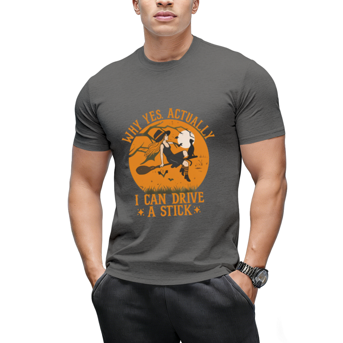 Why Yes Actually I Can Drive a Stick Witch Cat Halloween Graphic T-Shirt