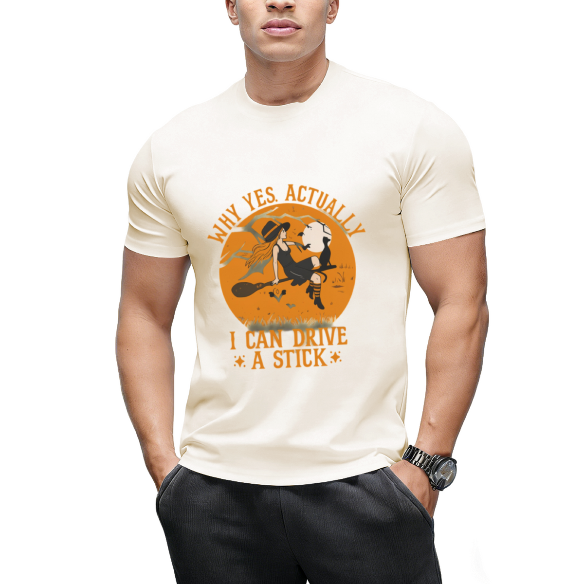 Why Yes Actually I Can Drive a Stick Witch Cat Halloween Graphic T-Shirt