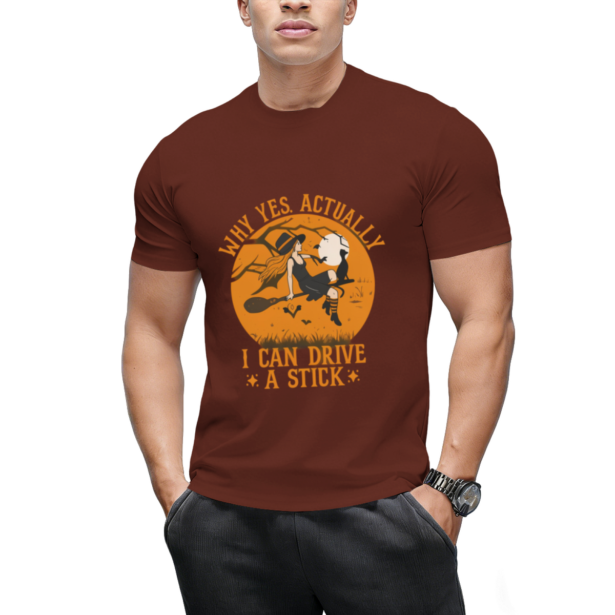 Why Yes Actually I Can Drive a Stick Witch Cat Halloween Graphic T-Shirt