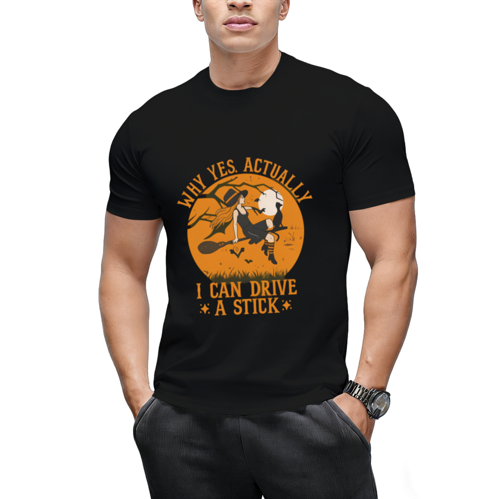 Why Yes Actually I Can Drive a Stick Witch Cat Halloween Graphic T-Shirt