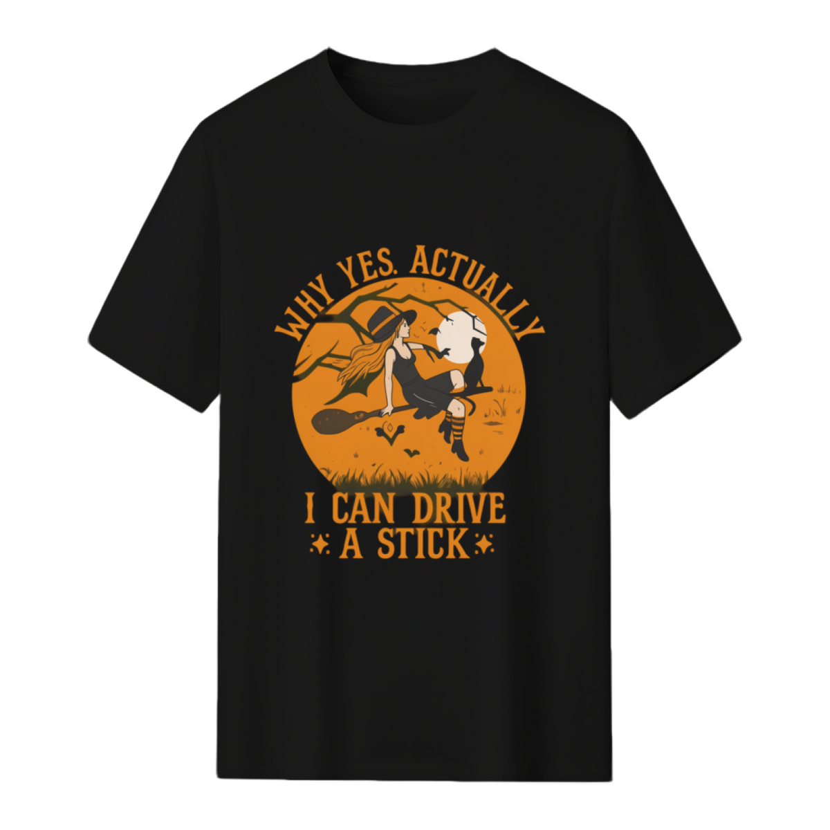 Why Yes Actually I Can Drive a Stick Witch Cat Halloween Graphic T-Shirt