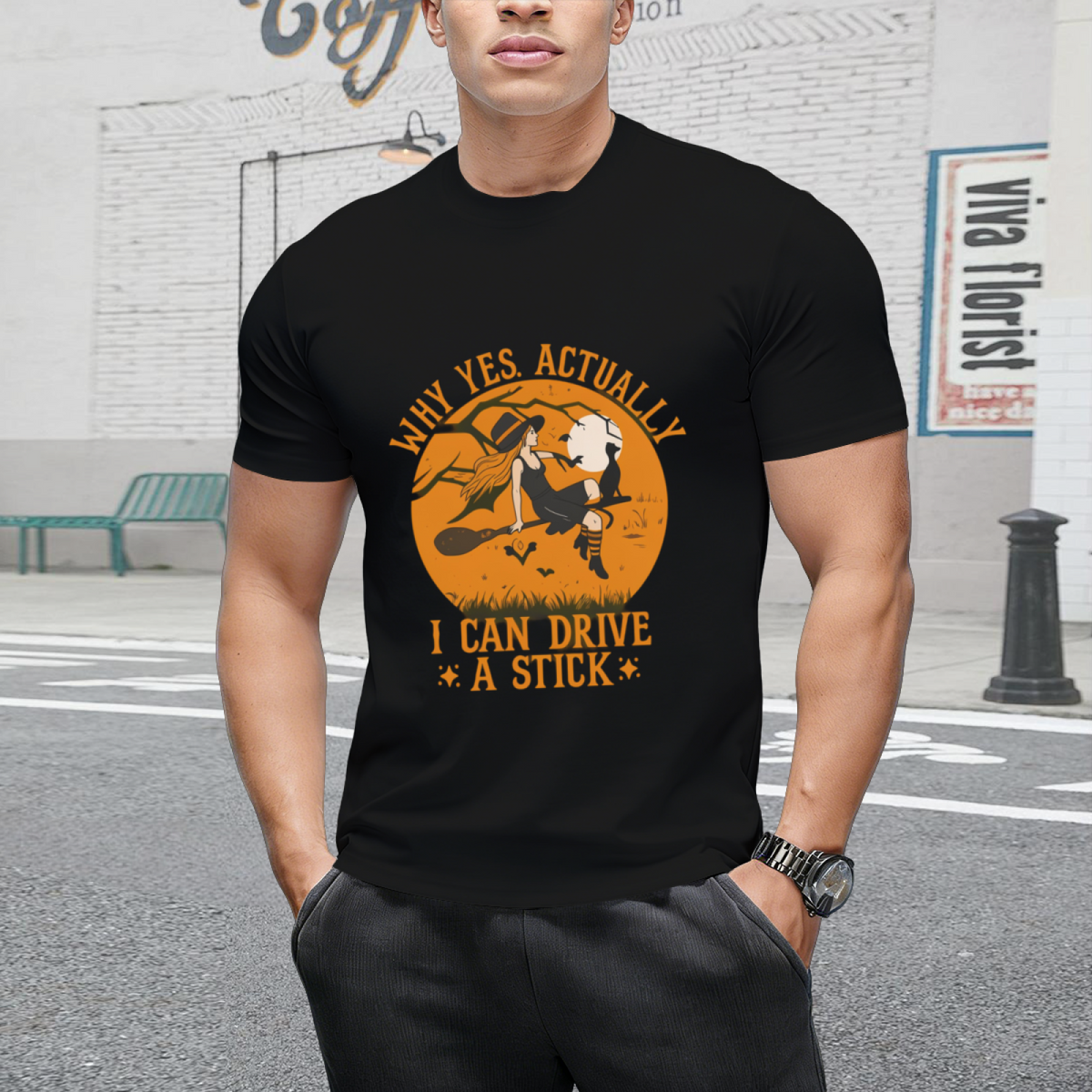 Why Yes Actually I Can Drive a Stick Witch Cat Halloween Graphic T-Shirt