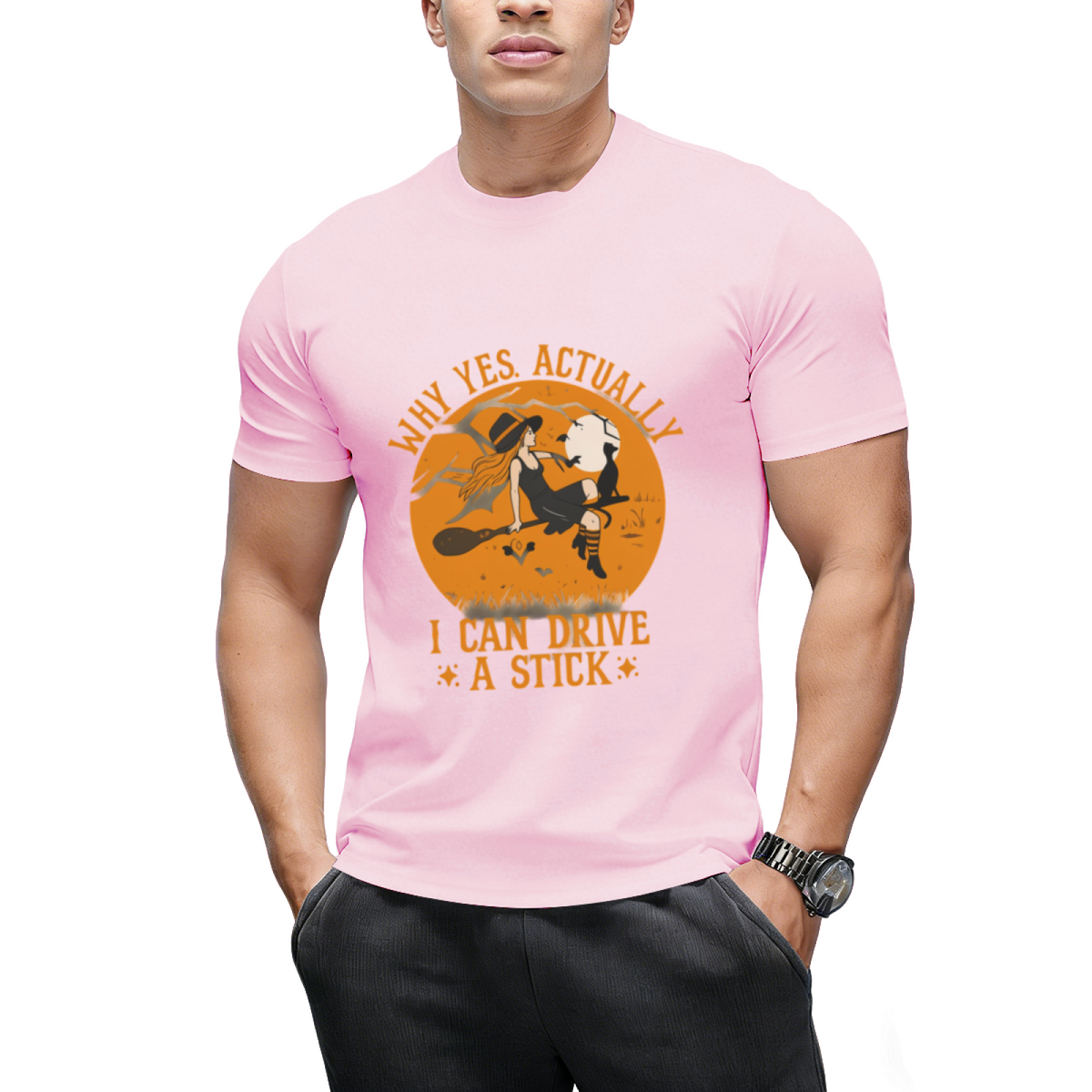 Why Yes Actually I Can Drive a Stick Witch Cat Halloween Graphic T-Shirt