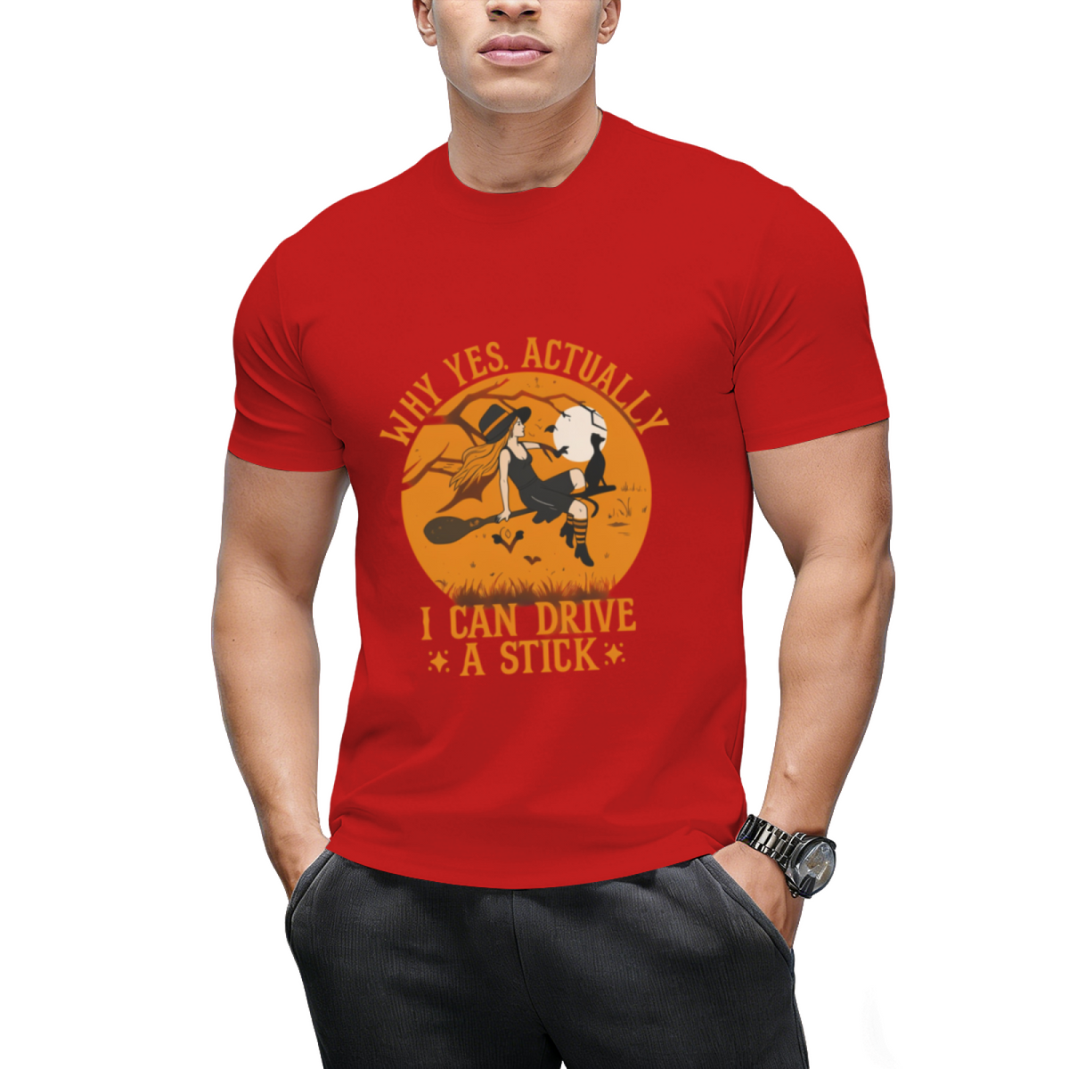 Why Yes Actually I Can Drive a Stick Witch Cat Halloween Graphic T-Shirt