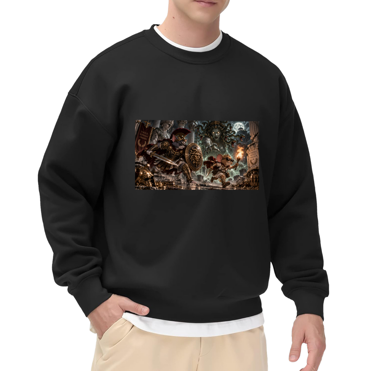 On-model product photo: men's crewneck sweatshirt bearing animal figures facing a monster in a moonlit fantasy battle