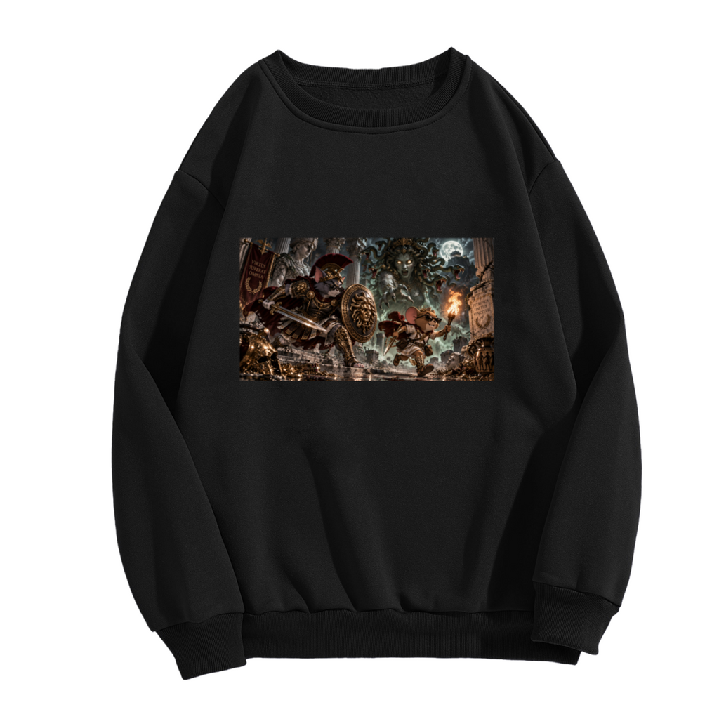Men's crewneck sweatshirt photographed alone, with animal figures facing a monster in a moonlit fantasy battle on the front