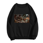 Men's crewneck sweatshirt photographed alone, with animal figures facing a monster in a moonlit fantasy battle on the front