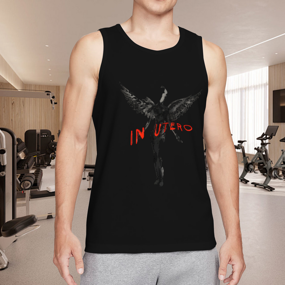 Nirvana In Utero Dark Angel Red Lettering Tank Top product image featuring dark angel with red In Utero lettering
