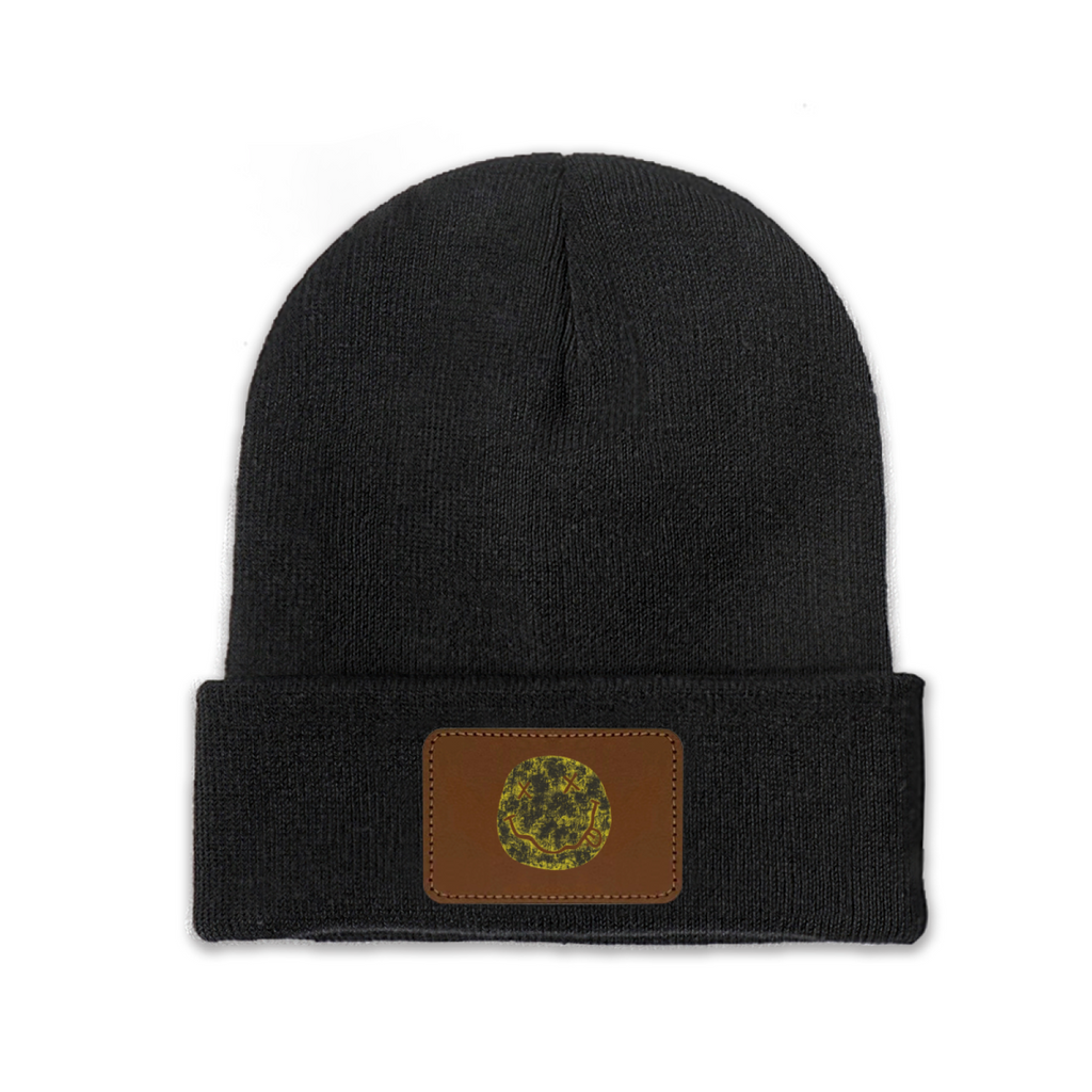 Nirvana I’m So Happy Smiley Graphic Knit Beanie – Nirvana-themed rectangular patch beanie product image, Black option