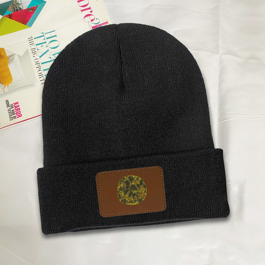 Nirvana I’m So Happy Smiley Graphic Knit Beanie – Nirvana-themed rectangular patch beanie product image, DarkGray option
