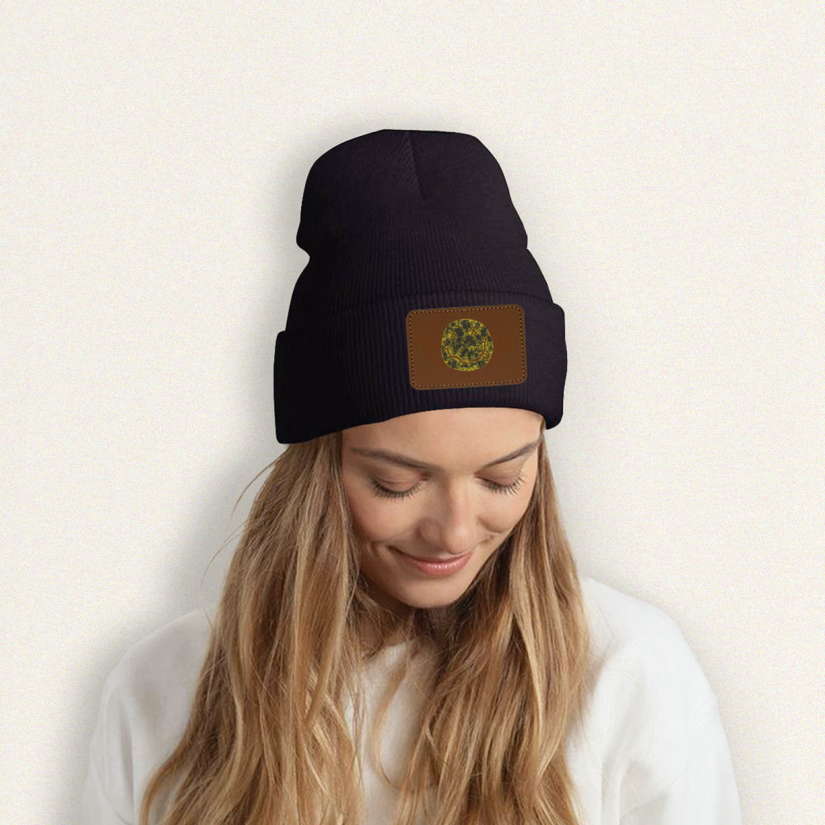 Nirvana I’m So Happy Smiley Graphic Knit Beanie – Nirvana-themed rectangular patch beanie product image, White option
