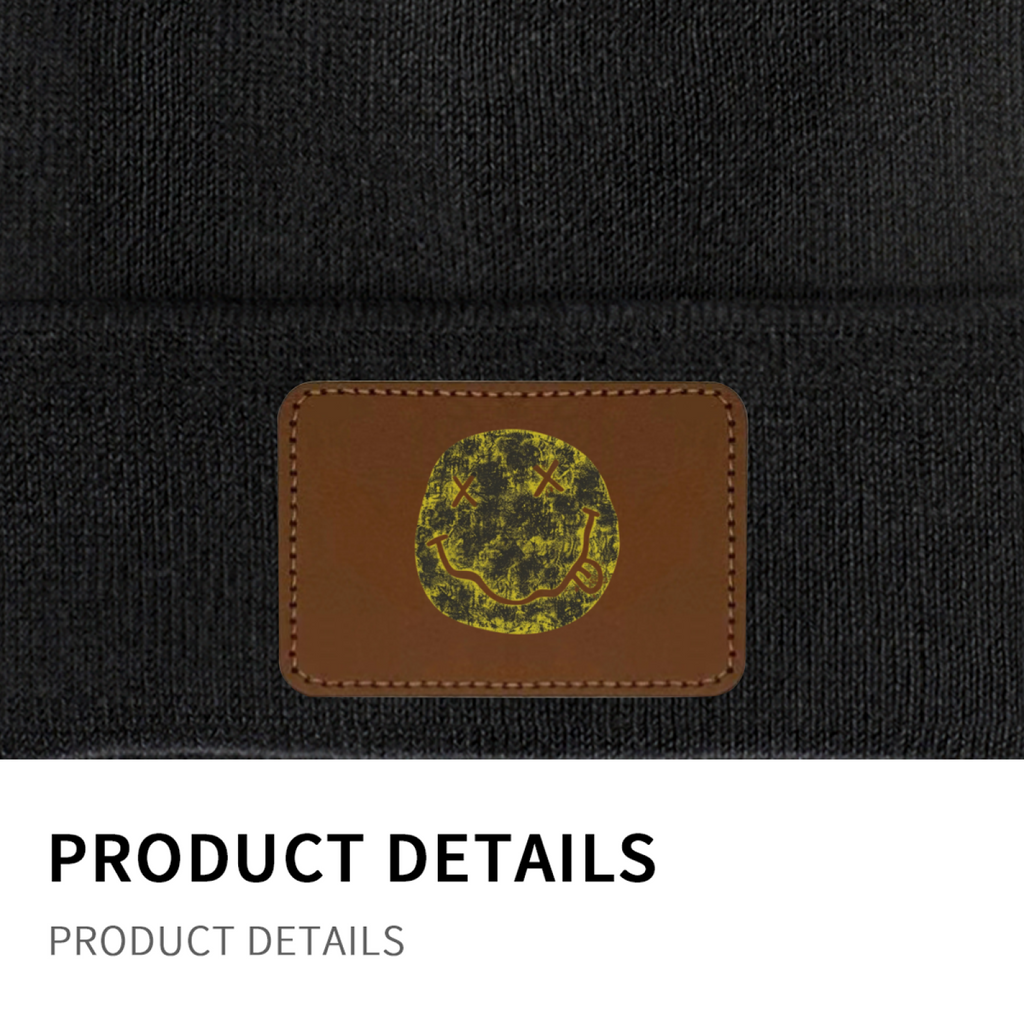 Nirvana I’m So Happy Smiley Graphic Knit Beanie – Nirvana-themed rectangular patch beanie product image, Red option