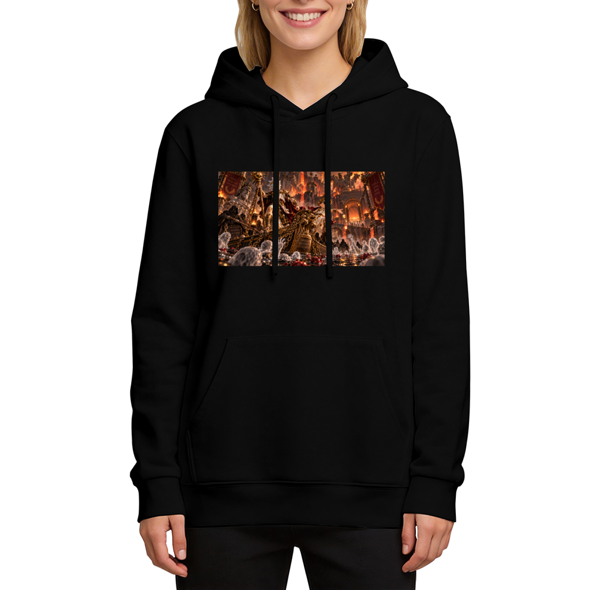 Studio photograph of a model in a women's hoodie showing an ornate throne hall filled with firelight and fantasy figures