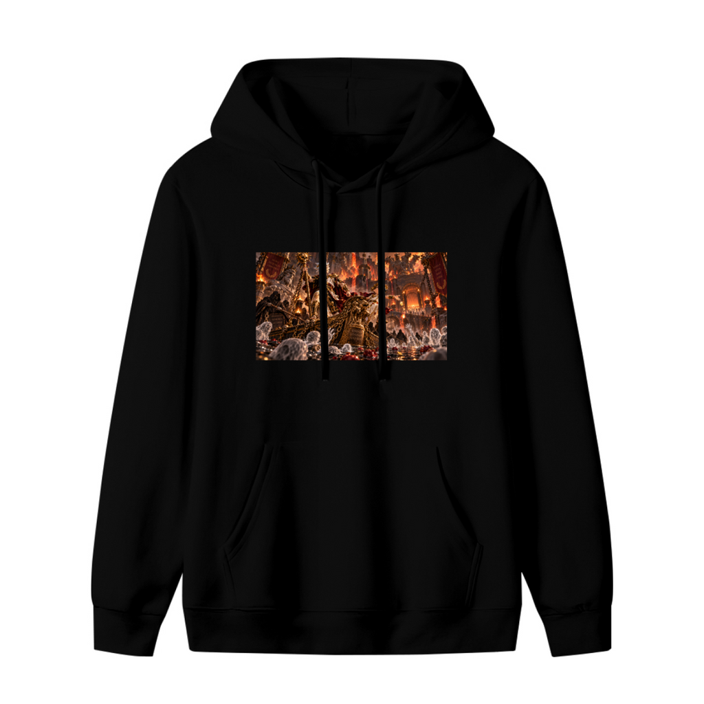 Standalone women's hoodie front displaying a graphic of an ornate throne hall filled with firelight and fantasy figures
