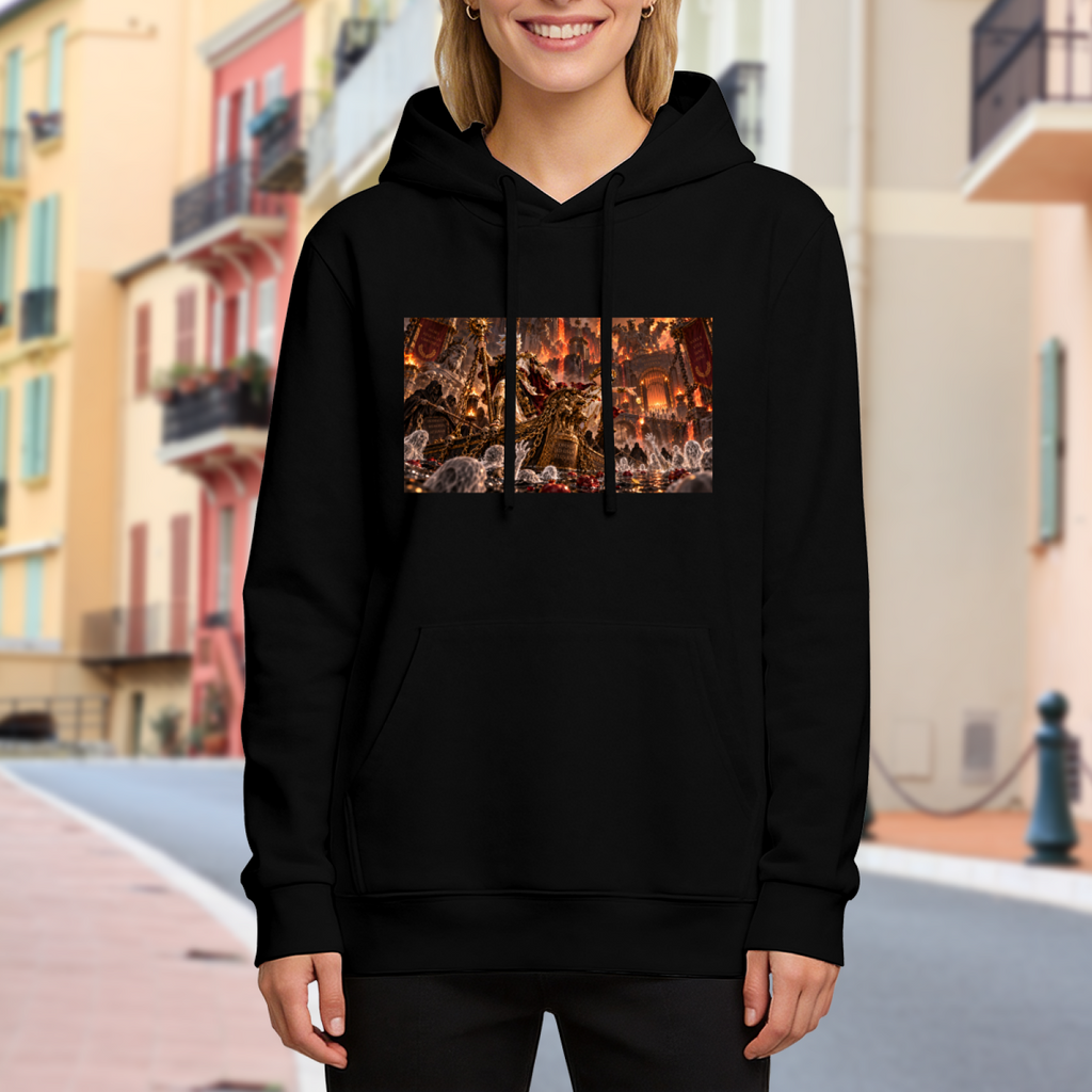 Women's hoodie worn outside, with the camera facing the graphic of an ornate throne hall filled with firelight and fantasy figures