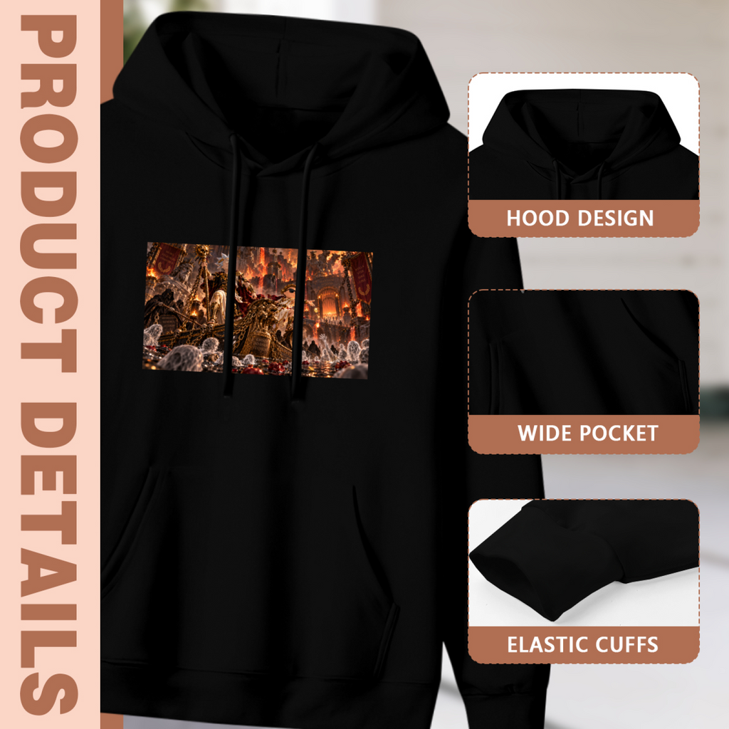 Construction-detail card for the women's An Ornate Hall in Flames hoodie, including the hood, front pouch and cuff edges