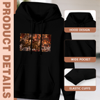 Construction-detail card for the women's An Ornate Hall in Flames hoodie, including the hood, front pouch and cuff edges