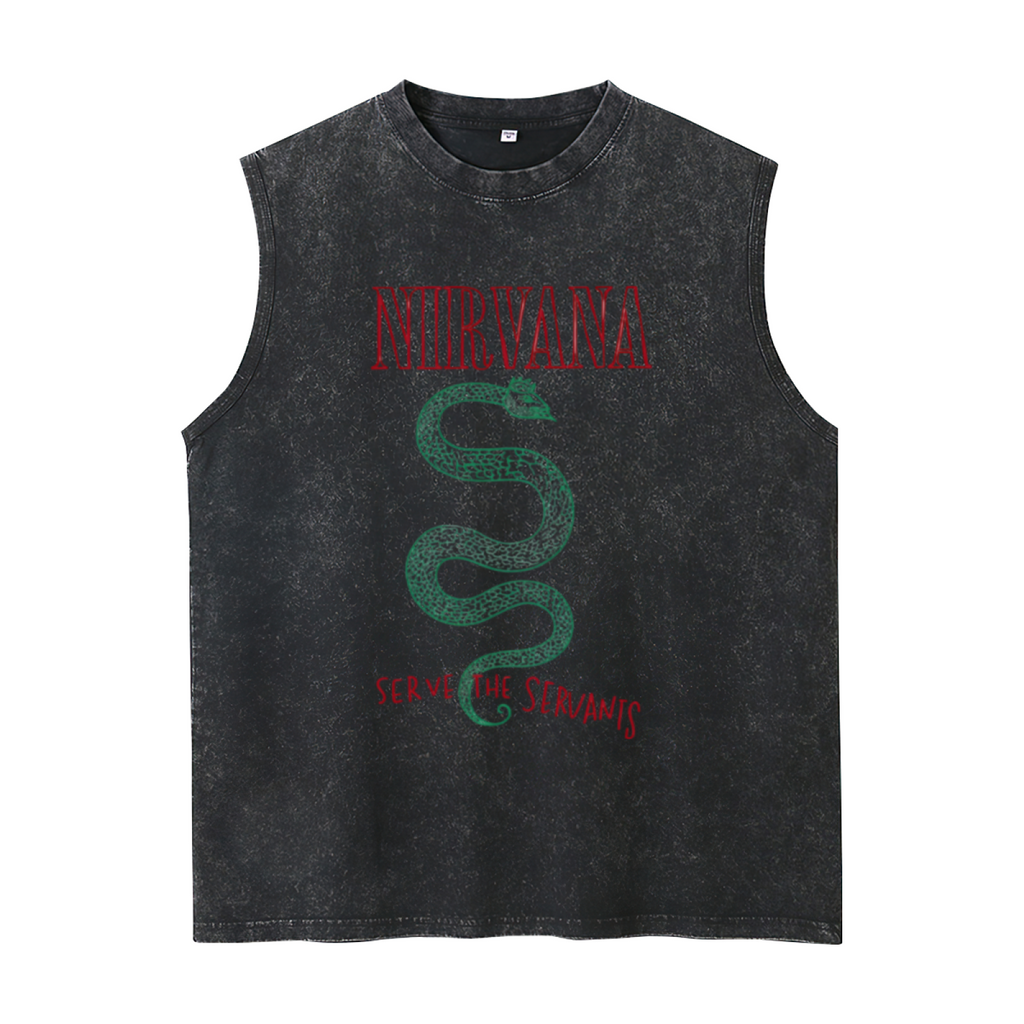 Nirvana Serve the Servants Snake Washed Tank Top — product image showing the a “Serve the Servants” theme featuring a snake motif design