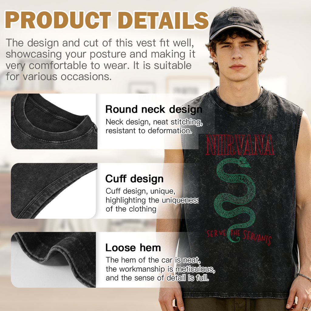 Nirvana Serve the Servants Snake Washed Tank Top — product image showing the a “Serve the Servants” theme featuring a snake motif design