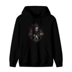 Unworn women's hoodie, front view of the design depicting a centered bearded warrior portrait with red eyes and rough dark edges
