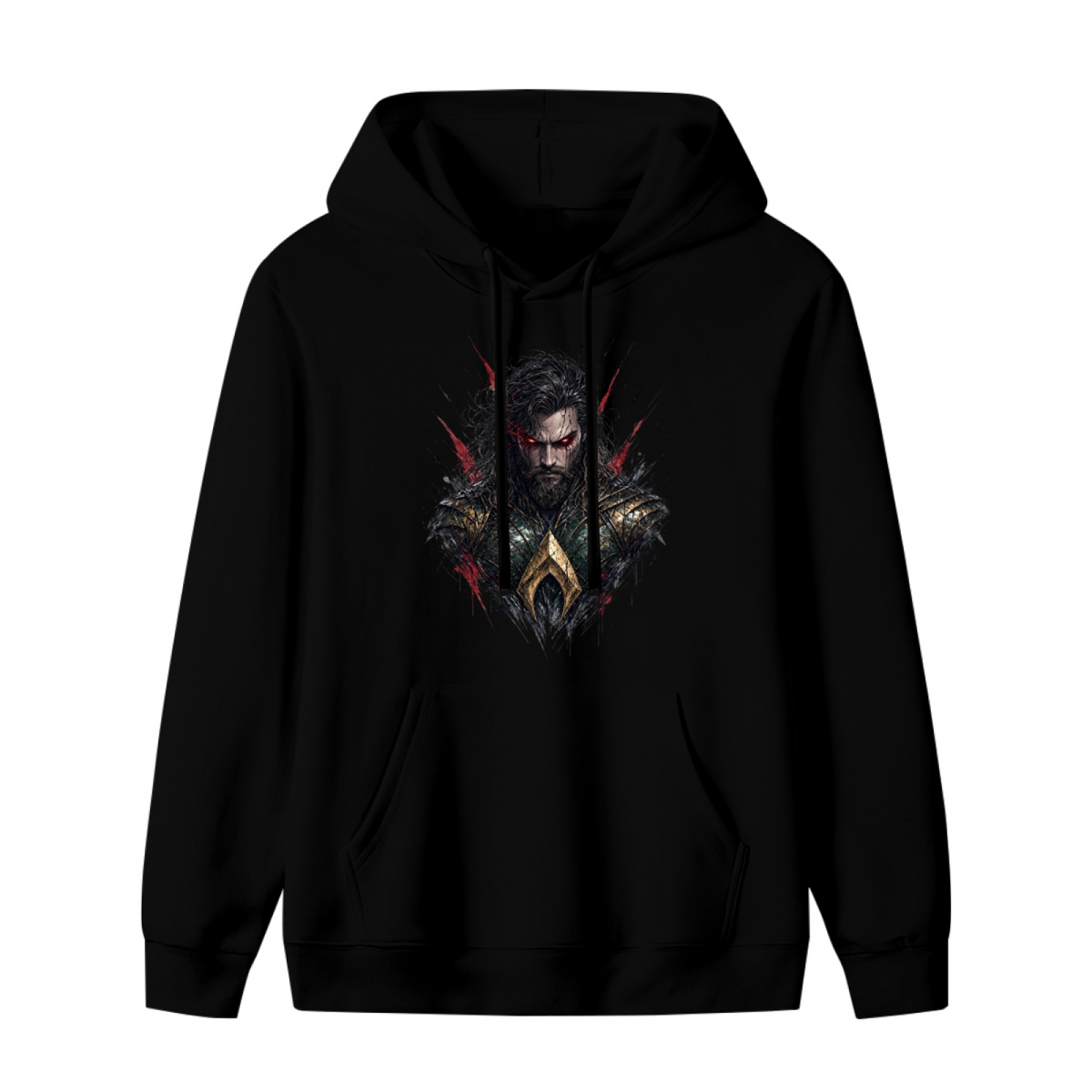 Unworn women's hoodie, front view of the design depicting a centered bearded warrior portrait with red eyes and rough dark edges