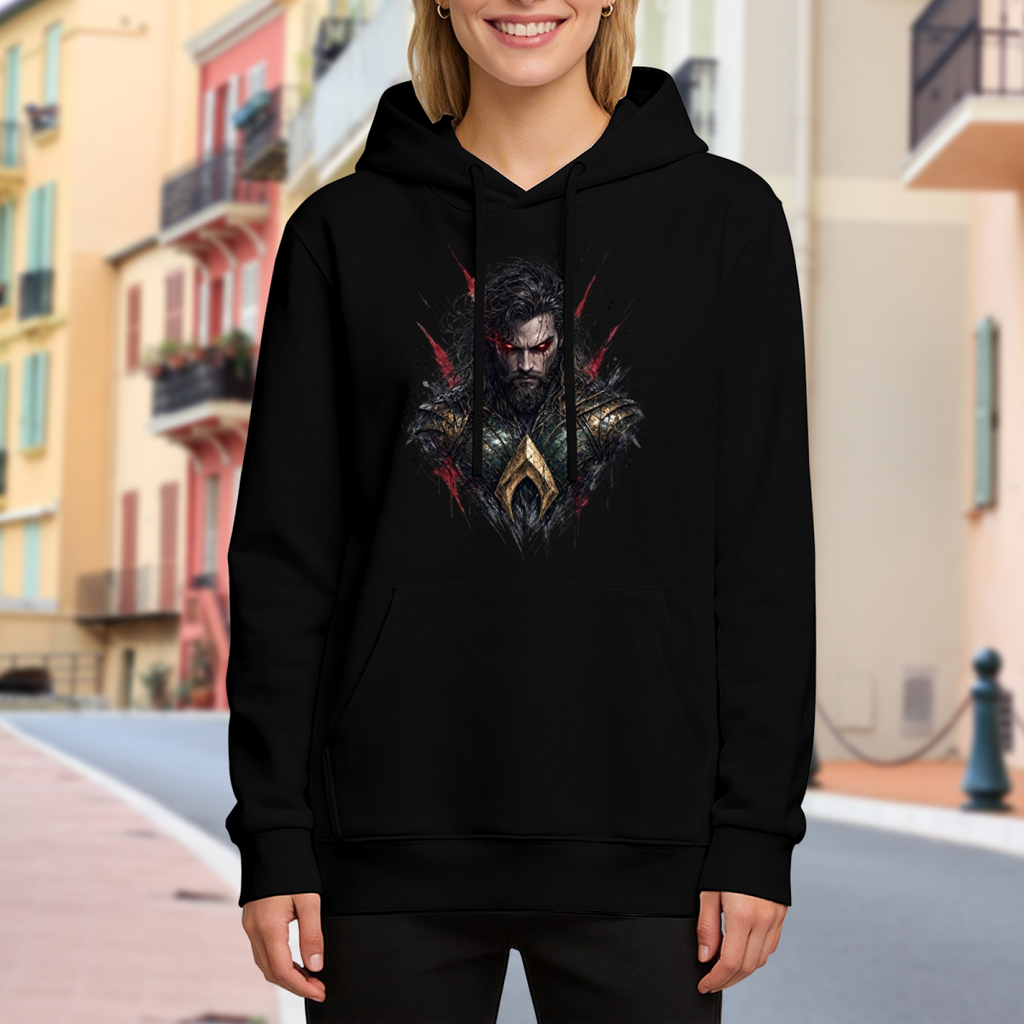 On-location model photograph displaying a centered bearded warrior portrait with red eyes and rough dark edges on the front of a women's hoodie