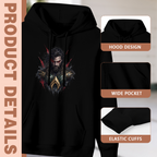 Garment and inset detail views for the women's Dark Warrior Eye Study hoodie, highlighting the hood, pocket opening and cuffs