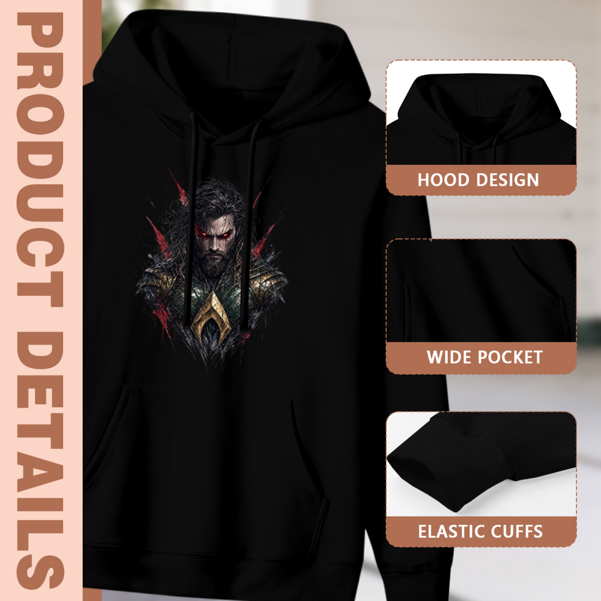 Garment and inset detail views for the women's Dark Warrior Eye Study hoodie, highlighting the hood, pocket opening and cuffs