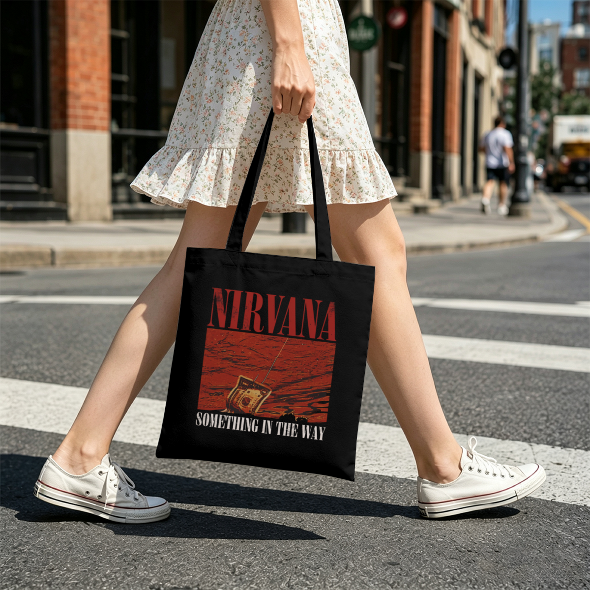 Nirvana Something in the Way Canvas Tote — a design referring to the Nirvana song “Something in the Way”