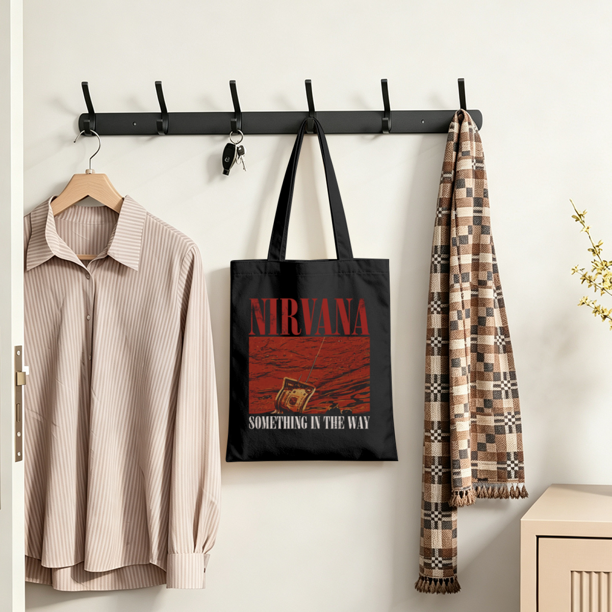 Nirvana Something in the Way Canvas Tote — a design referring to the Nirvana song “Something in the Way”