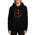 A scarlet-cowl portrait with shadowed facial details printed on a women's hoodie, shown in a front model photo