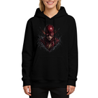 A scarlet-cowl portrait with shadowed facial details printed on a women's hoodie, shown in a front model photo