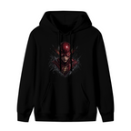 Unworn women's hoodie, front view of the design depicting a scarlet-cowl portrait with shadowed facial details