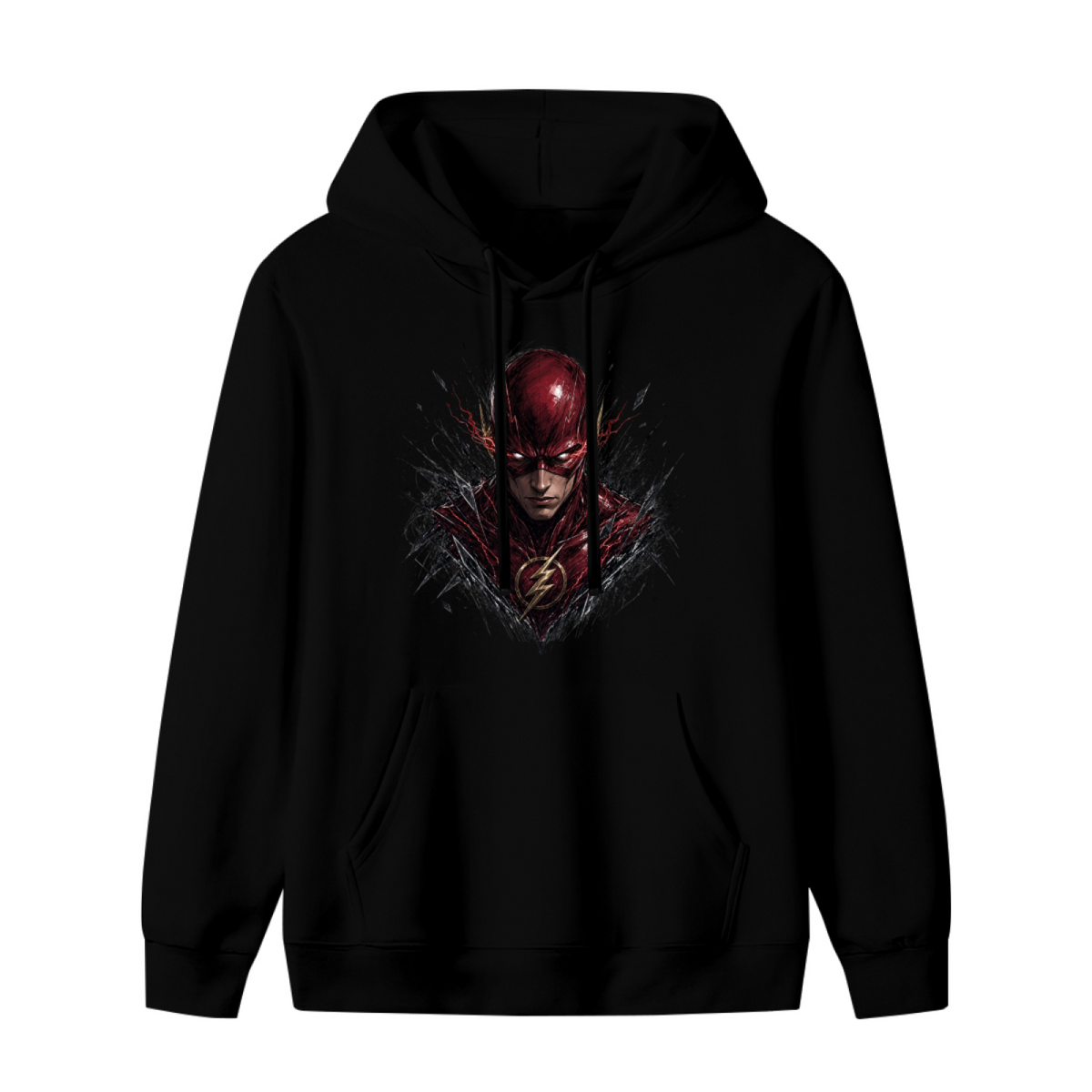 Unworn women's hoodie, front view of the design depicting a scarlet-cowl portrait with shadowed facial details