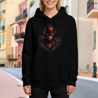 On-location model photograph displaying a scarlet-cowl portrait with shadowed facial details on the front of a women's hoodie