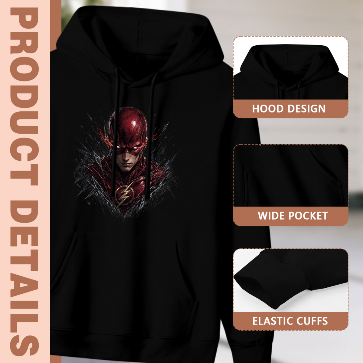 Garment and inset detail views for the women's Cowl with an Intense Look hoodie, highlighting the hood, pocket opening and cuffs