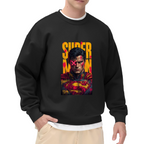 On-model product photo: men's crewneck sweatshirt bearing a tall caped graffiti portrait with a pink X across the eyes