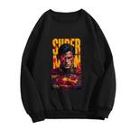 Men's crewneck sweatshirt photographed alone, with a tall caped graffiti portrait with a pink X across the eyes on the front