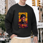 Lifestyle image outdoors: men's crewneck sweatshirt with a front graphic of a tall caped graffiti portrait with a pink X across the eyes