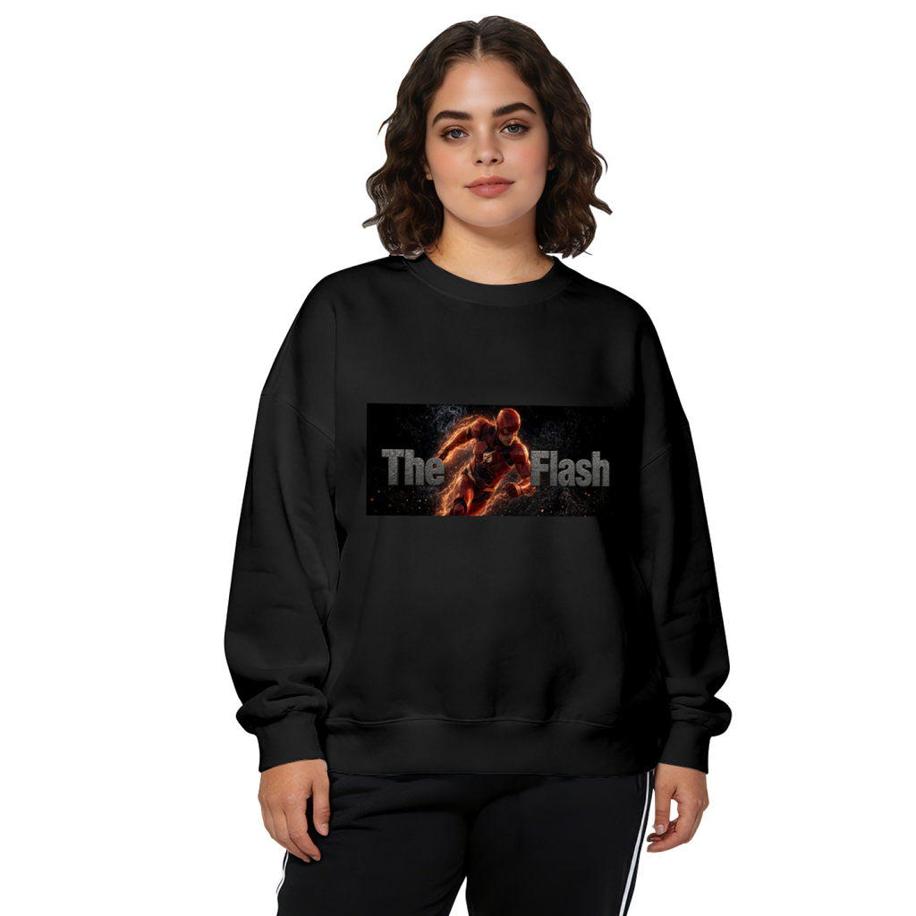 A running masked figure centered in a narrow lettered banner printed on a women's crewneck sweatshirt, shown in a front model photo